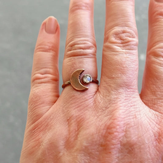 Handmade Copper Moon and Labradorite Open Ring for Intuition - Blackbird & Sage Jewelry