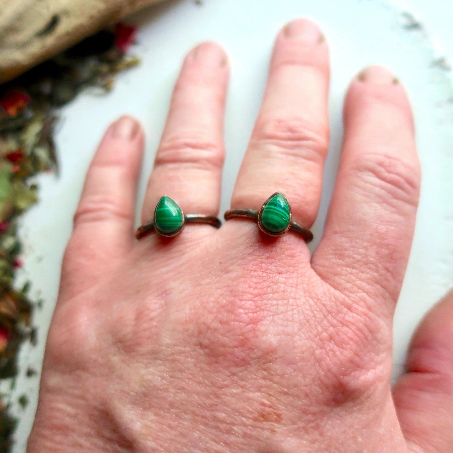 Handcrafted Malachite Ring with Teardrop Copper Design Artistry - Blackbird & Sage Jewelry