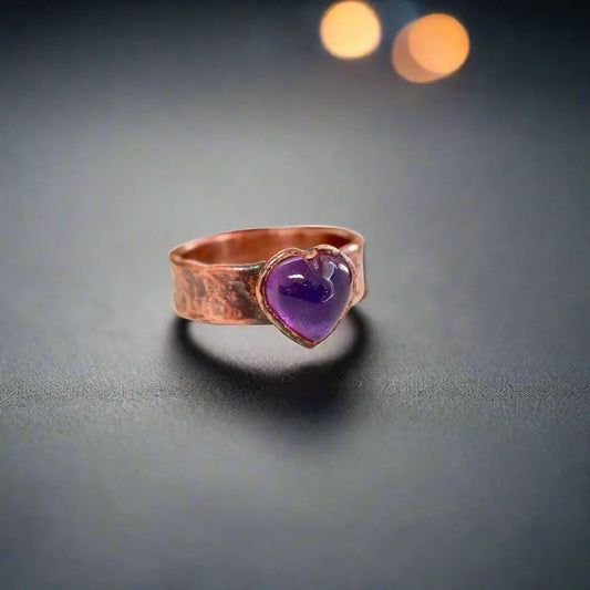 Amethyst Heart Wide Band Electroformed Copper Ring Gift for Healing - Blackbird & Sage Jewelry