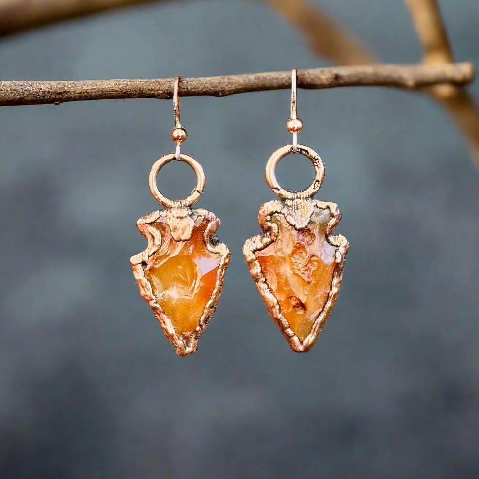Handmade Carnelian Arrowhead Earrings in Copper Setting - Blackbird & Sage Jewelry