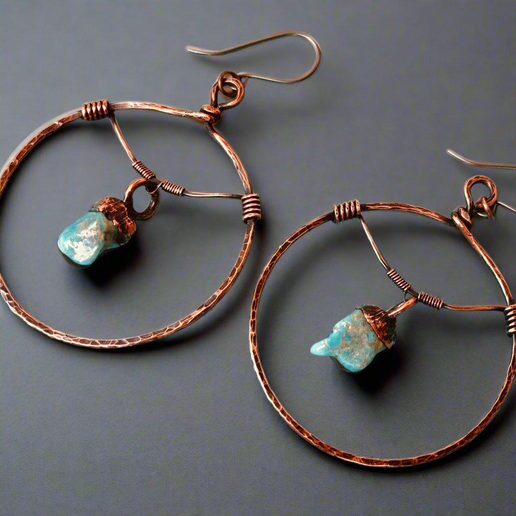 Raw Turquoise Hoop Earrings for Healing and Balance - Blackbird & Sage Jewelry
