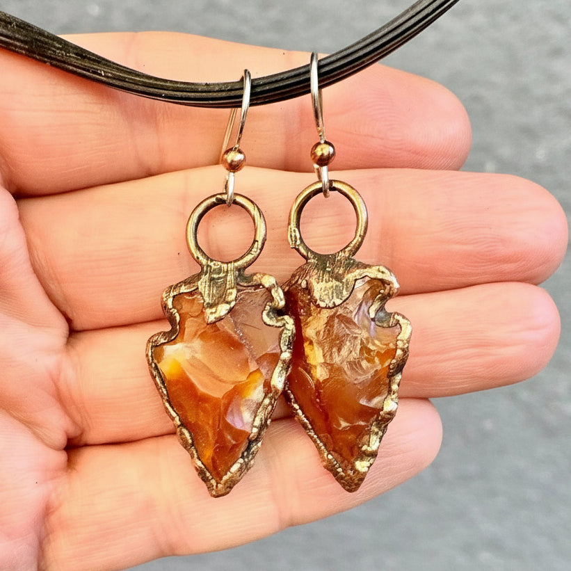 Handmade Carnelian Arrowhead Earrings in Copper Setting - Blackbird & Sage Jewelry