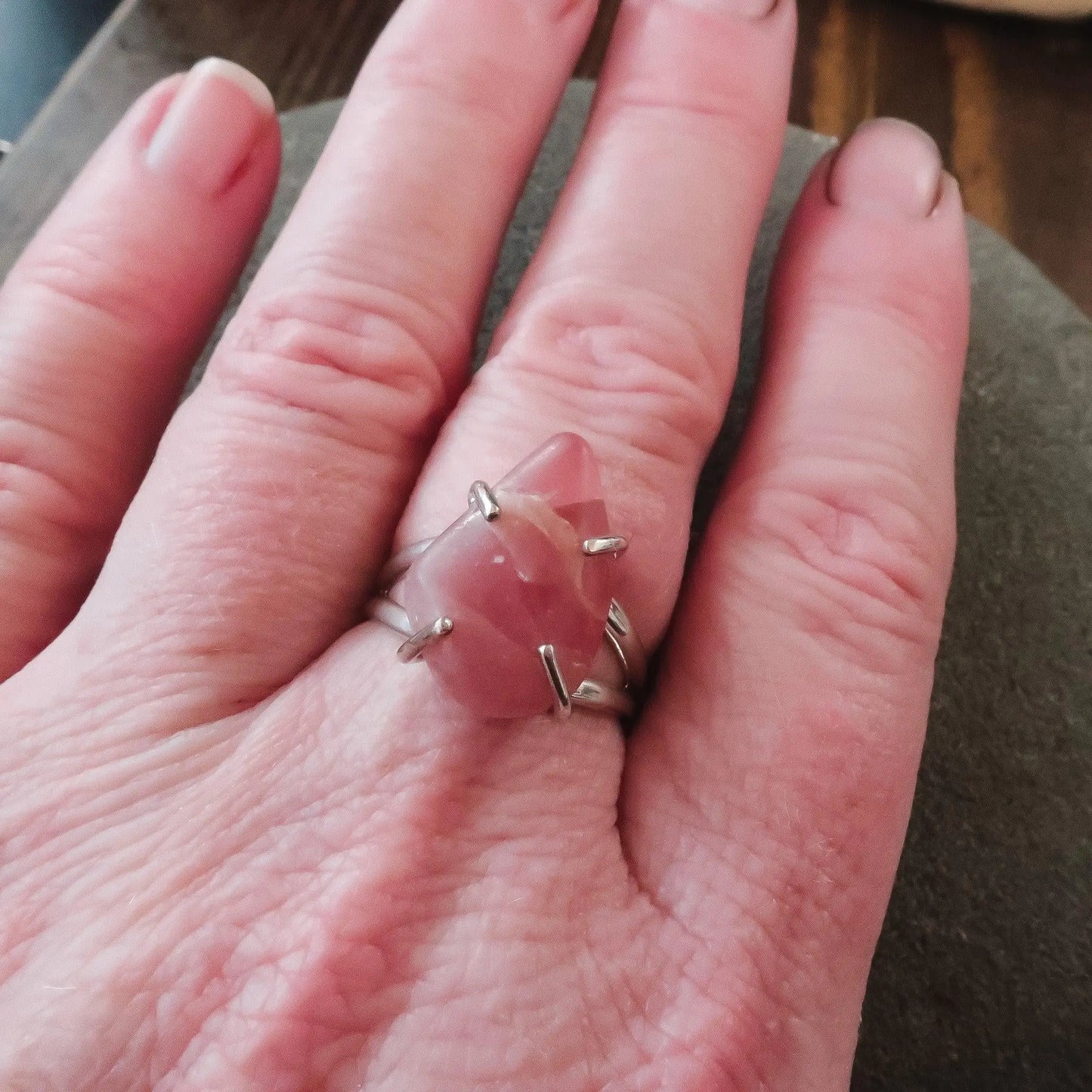 Tumbled Rhodochrosite Ring in Sterling Silver for Healing - Blackbird & Sage Jewelry