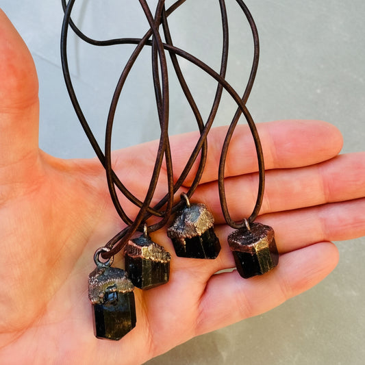 Raw Black Tourmaline Necklace with Copper Leather Pendant for Protection - Blackbird & Sage Jewelry