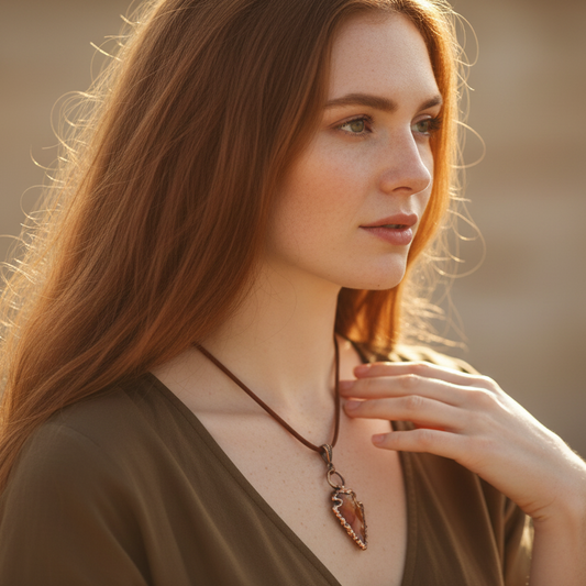 Carnelian Arrowhead Necklace Model Shot — Revised
