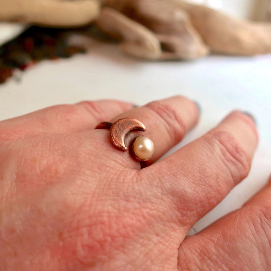 Electroformed Copper Ring With Pearl and Moon Charm - Blackbird & Sage Jewelry