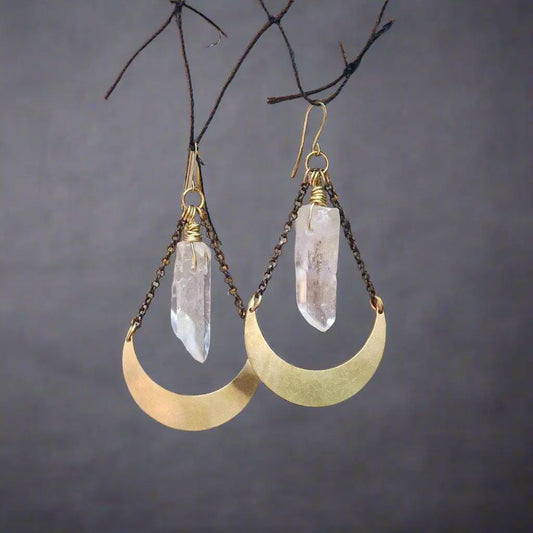Quartz Point and Brass Crescent Moon Earrings for Healing - Blackbird & Sage Jewelry