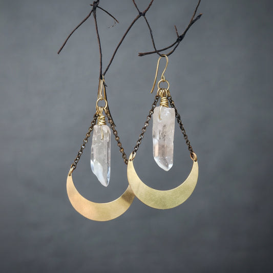 Quartz Point and Brass Crescent Moon Earrings for Healing - Blackbird & Sage Jewelry