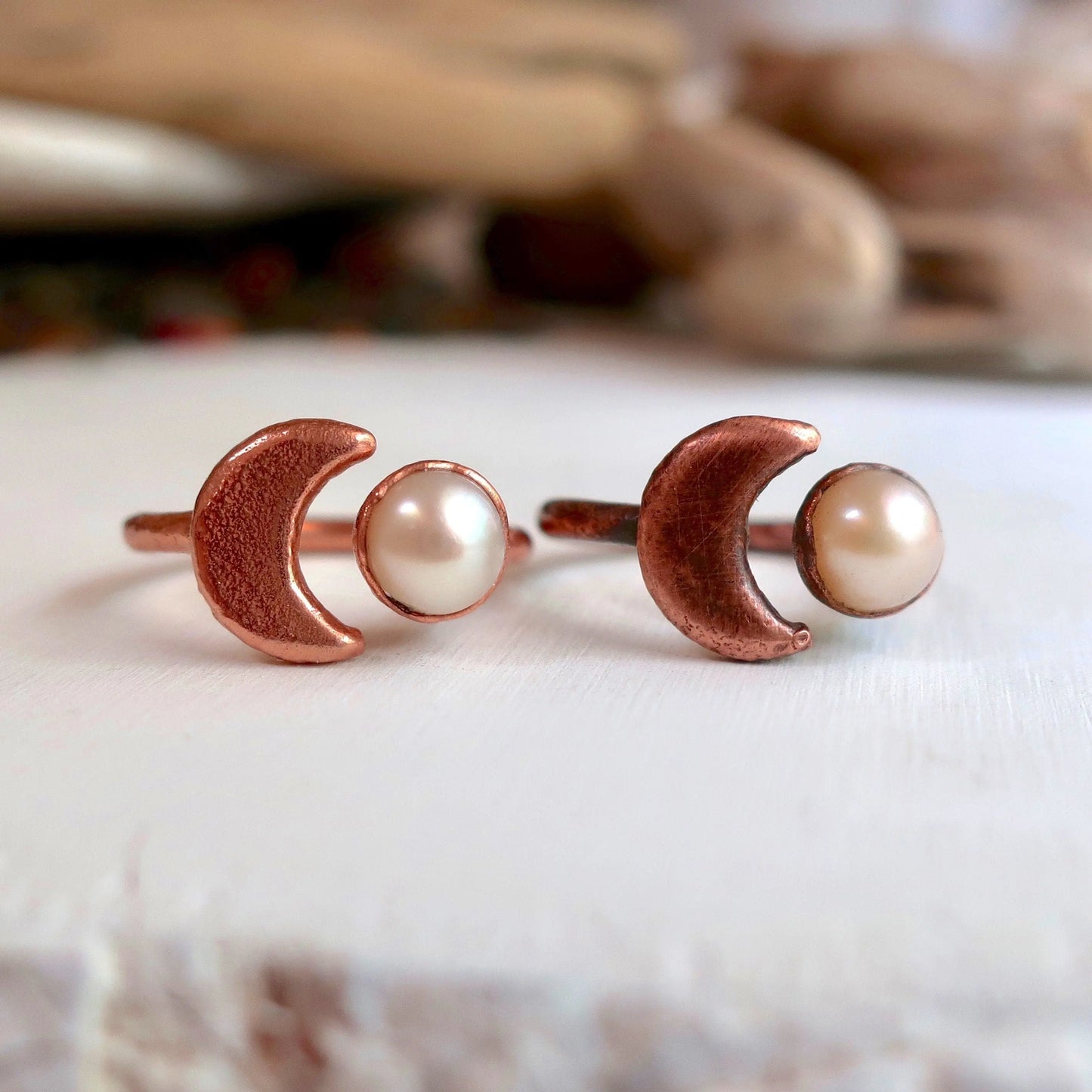 Electroformed Copper Ring With Pearl and Moon Charm - Blackbird & Sage Jewelry