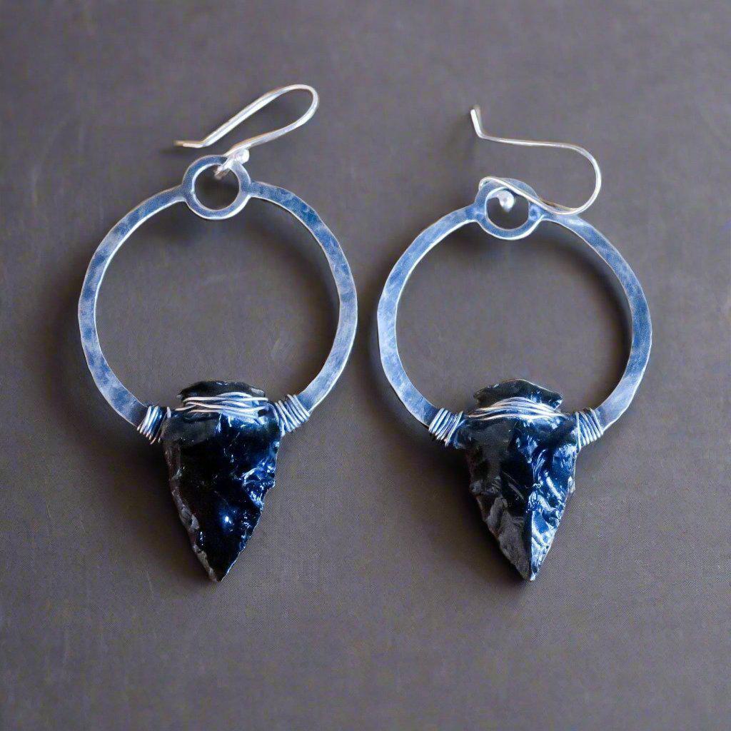 Black Obsidian Earrings in Sterling Silver Hoop Design for Strength - Blackbird & Sage Jewelry