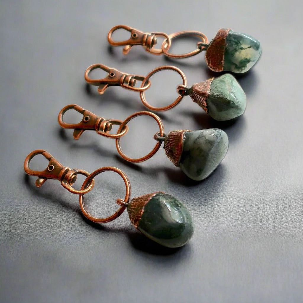 Handmade Moss Agate Keychain in Electroformed Copper Charm for Prosperity - Blackbird & Sage Jewelry
