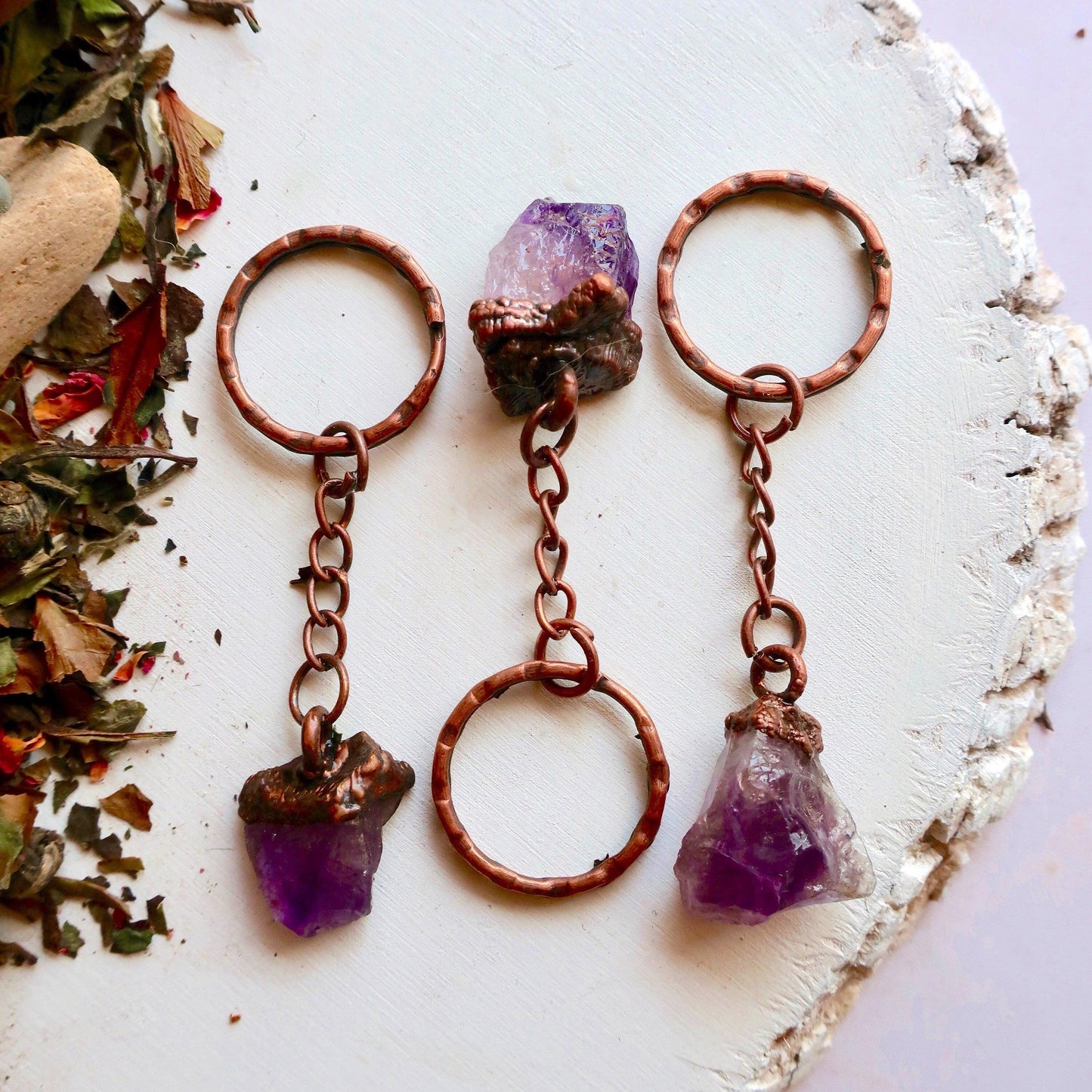 Raw Amethyst Crystal Copper Keychain for Healing Energy - Blackbird & Sage Jewelry