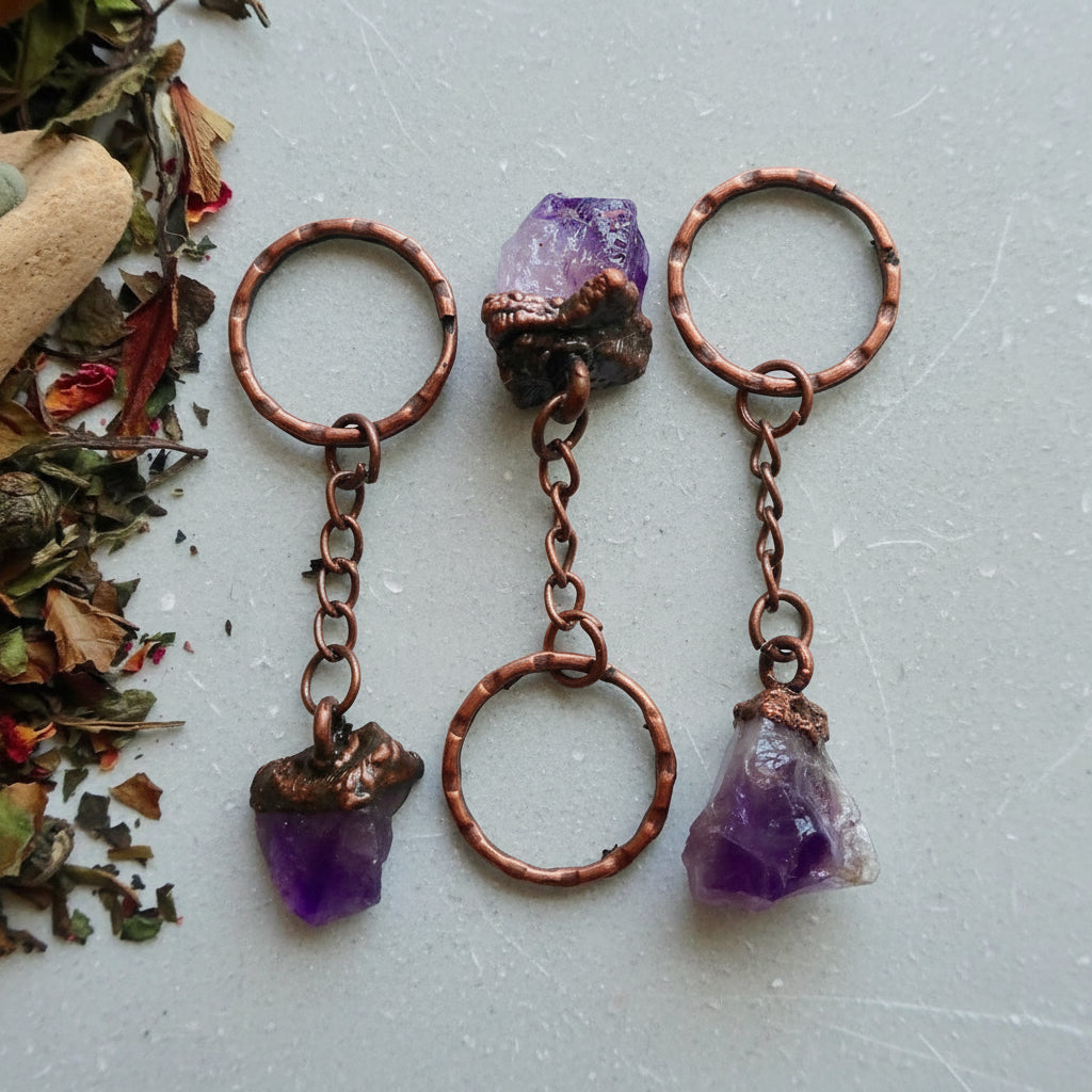 Raw Amethyst Crystal Copper Keychain for Healing Energy - Blackbird & Sage Jewelry