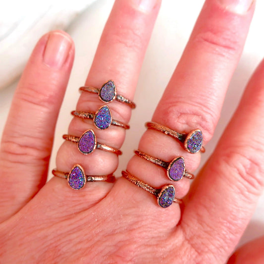 Druzy Quartz Teardrop Ring with Antique Copper Elegance - Blackbird & Sage Jewelry