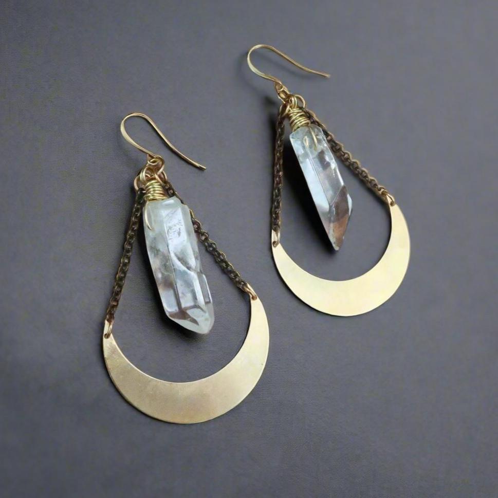 Quartz Point and Brass Crescent Moon Earrings for Healing - Blackbird & Sage Jewelry