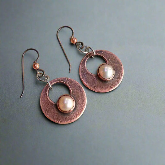 Handcrafted Pearl Drop Earrings with Copper Design Elegance - Blackbird & Sage Jewelry