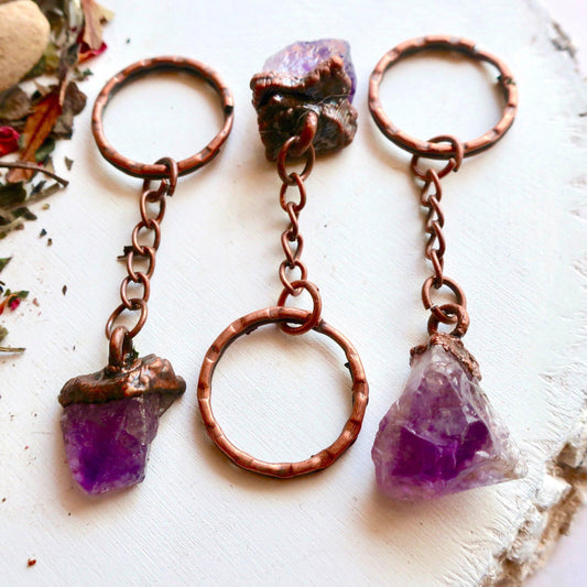 Raw Amethyst Crystal Copper Keychain for Healing Energy - Blackbird & Sage Jewelry