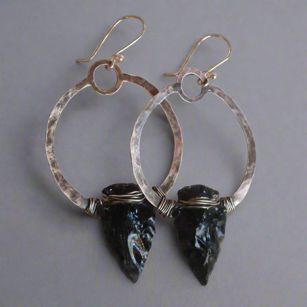 Black Obsidian Earrings in Sterling Silver Hoop Design for Strength - Blackbird & Sage Jewelry