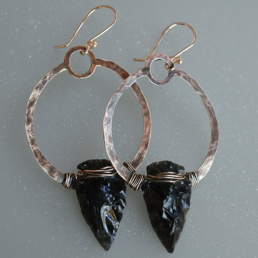 Black Obsidian Earrings in Sterling Silver Hoop Design for Strength - Blackbird & Sage Jewelry