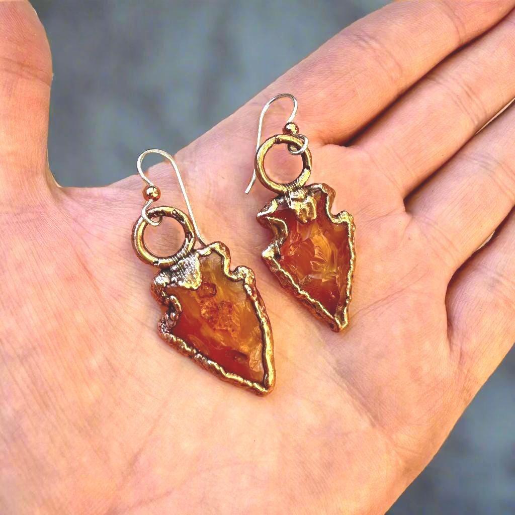 Handmade Carnelian Arrowhead Earrings in Copper Setting - Blackbird & Sage Jewelry