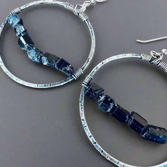 Sterling Silver Hoop Earrings with Black Tourmaline Charm for Protection - Blackbird & Sage Jewelry