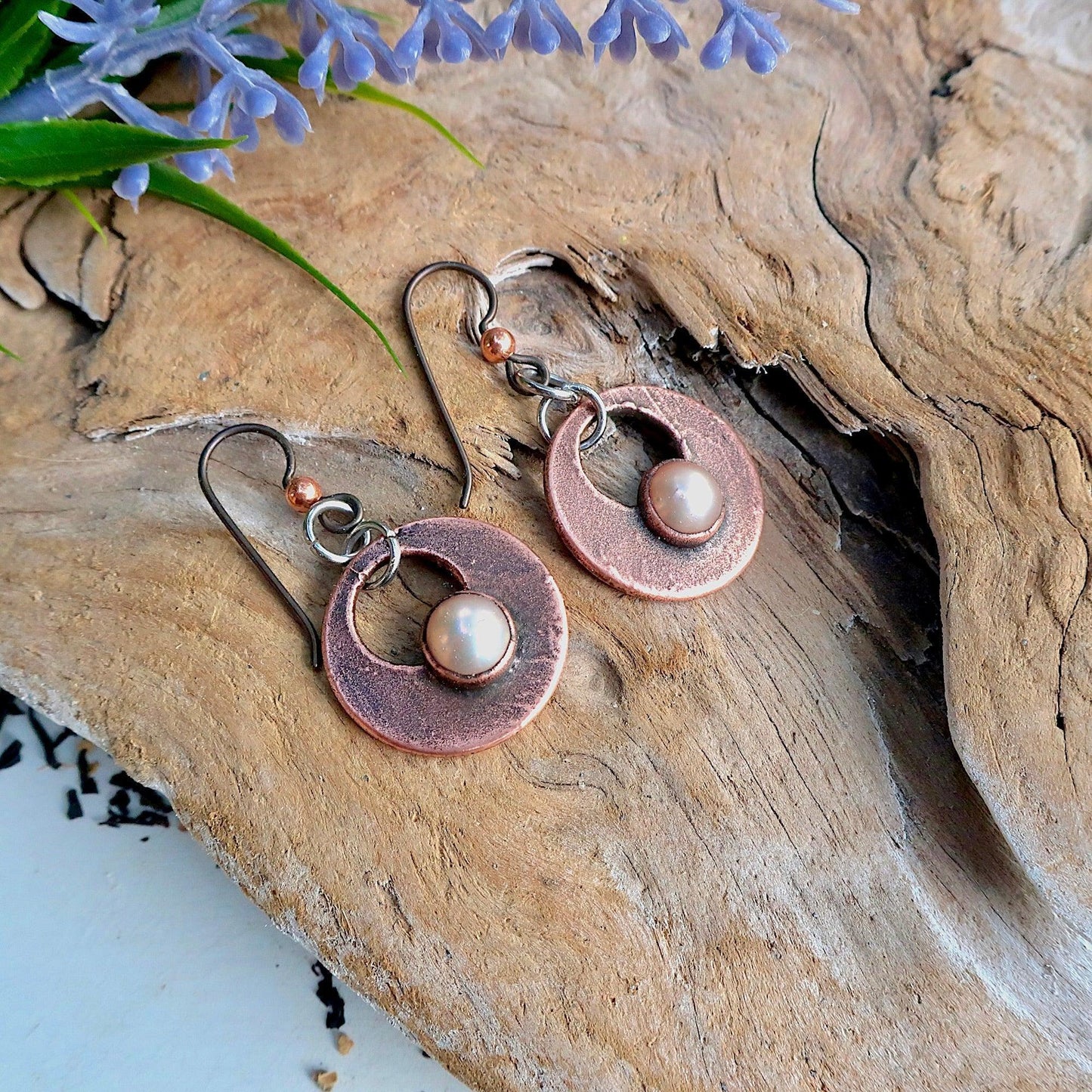 Handcrafted Pearl Drop Earrings with Copper Design Elegance - Blackbird & Sage Jewelry