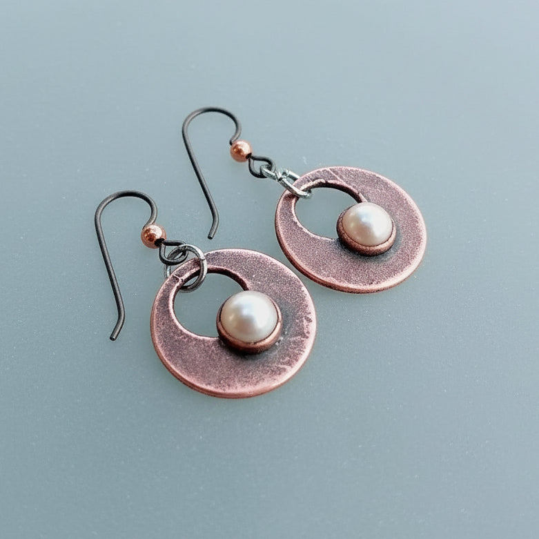 Handcrafted Pearl Drop Earrings with Copper Design Elegance - Blackbird & Sage Jewelry