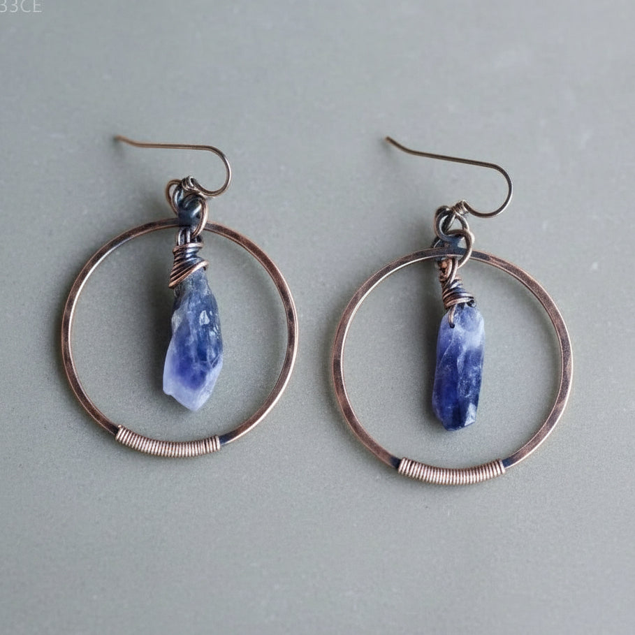 Raw Amethyst Copper Hoop Earrings with Unique Wire Wrap Beauty - Blackbird & Sage Jewelry