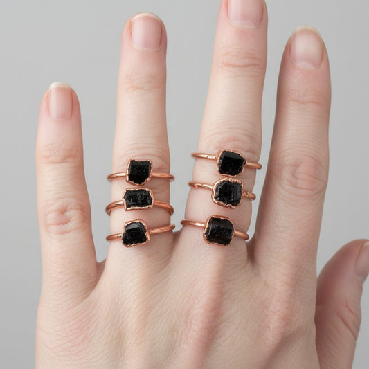 Small Raw Black Tourmaline Ring | Electroformed Copper Jewelry | Bright Finish | Stackable Rings | 3 Ring Stack