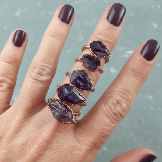 Raw Amethyst Ring, Electroformed Copper Jewelry, February Birthstone