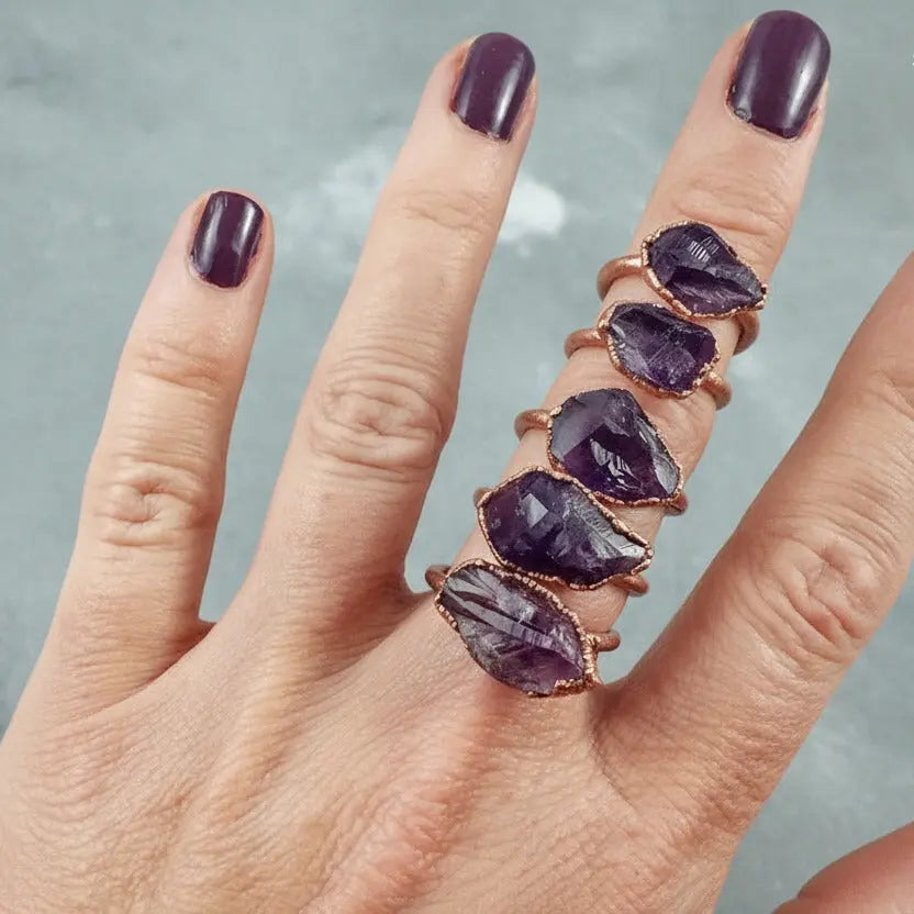 Raw Amethyst Ring, Electroformed Copper Jewelry, February Birthstone