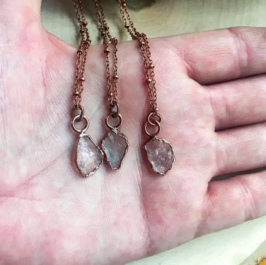Dainty Raw Rose Quartz Layer Necklace, Raw Crystal Layering Necklace, Electroformed Rose Quartz Rustic Style Pendant, Bohemian Jewelry Blackbird & Sage Jewelry