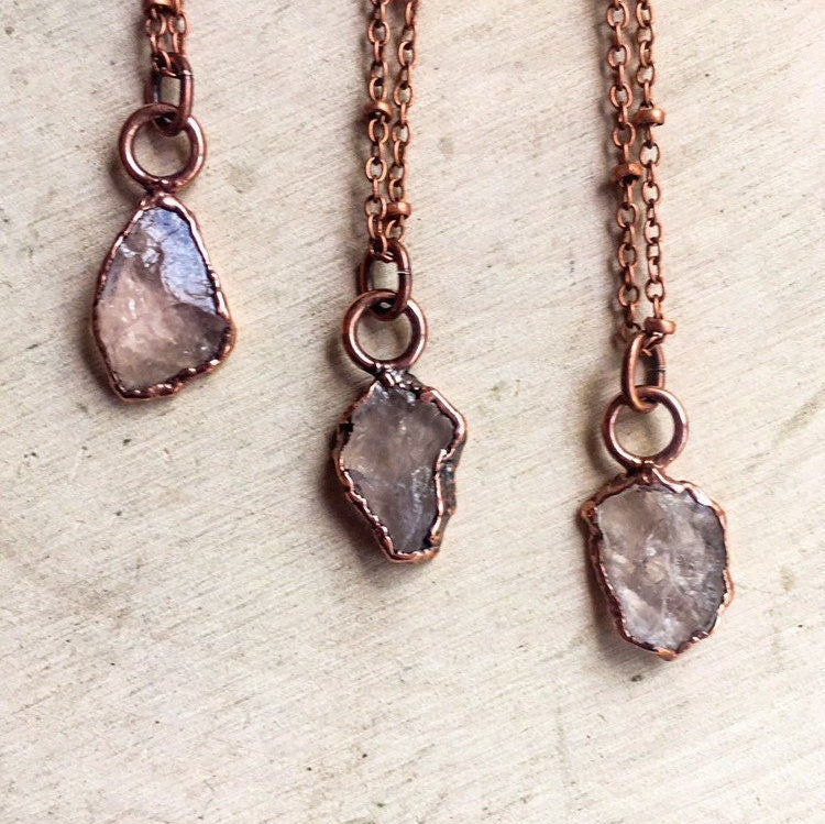 Dainty Raw Rose Quartz Layer Necklace, Raw Crystal Layering Necklace, Electroformed Rose Quartz Rustic Style Pendant, Bohemian Jewelry Blackbird & Sage Jewelry