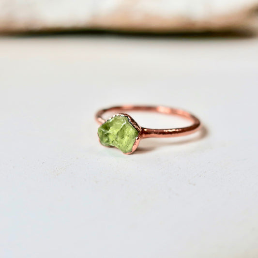 Dainty Raw Peridot Stacking Ring, Peridot Ring, Minimalist Ring, Raw Stone Copper Ring, Small Stone Ring, Valentines Gift Blackbird & Sage Jewelry