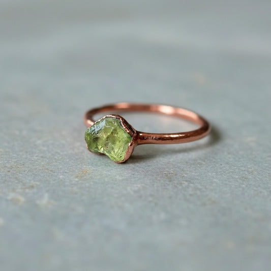 Dainty Raw Peridot Stacking Ring, Peridot Ring, Minimalist Ring, Raw Stone Copper Ring, Small Stone Ring, Valentines Gift Blackbird & Sage Jewelry