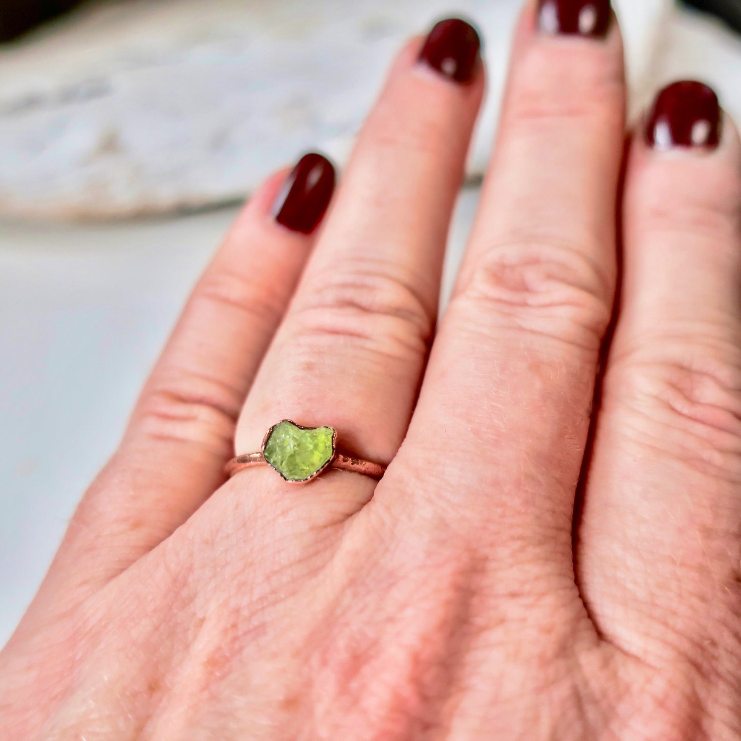 Dainty Raw Peridot Stacking Ring, Peridot Ring, Minimalist Ring, Raw Stone Copper Ring, Small Stone Ring, Valentines Gift Blackbird & Sage Jewelry