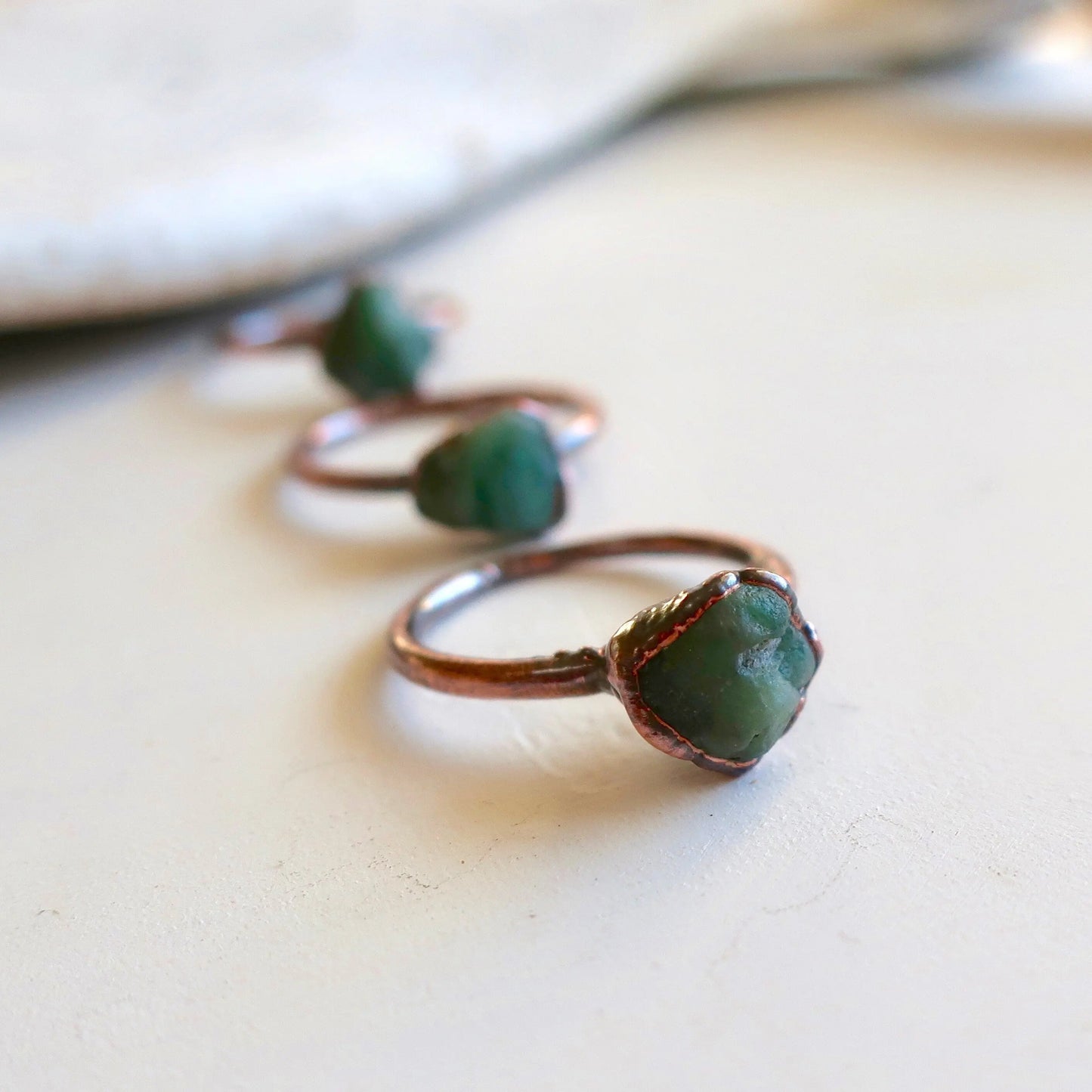Raw Emerald Copper Solitaire Ring, Rough Stone Ring, May Birthstone Jewelry, Electroformed Bohemian Jewelry, Valentines Gift Blackbird & Sage Jewelry