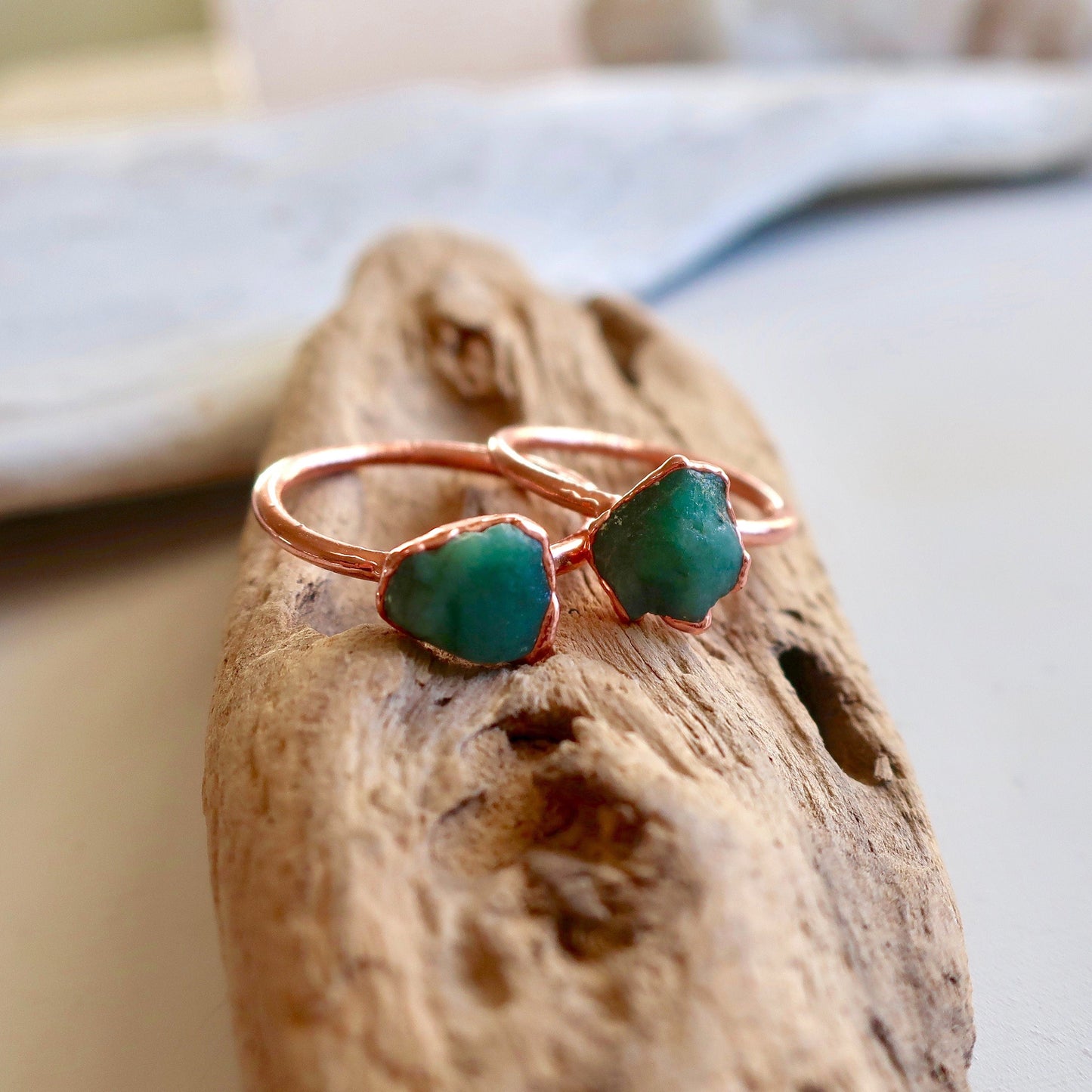 Raw Emerald Copper Solitaire Ring, Rough Stone Ring, May Birthstone Jewelry, Electroformed Bohemian Jewelry, Valentines Gift Blackbird & Sage Jewelry