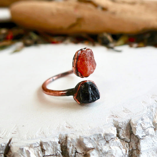 Raw Black Tourmaline and Raw Sunstone Open Copper Ring, Raw Stone Electroformed Open Ring, 2 Stone Jewelry, Valentines Gift Blackbird & Sage Jewelry