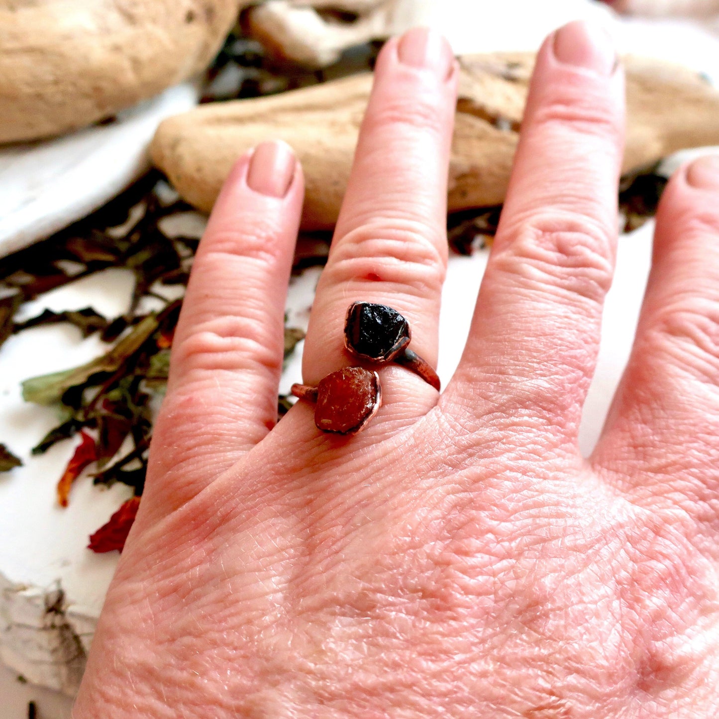 Raw Black Tourmaline and Raw Sunstone Open Copper Ring, Raw Stone Electroformed Open Ring, 2 Stone Jewelry, Valentines Gift Blackbird & Sage Jewelry