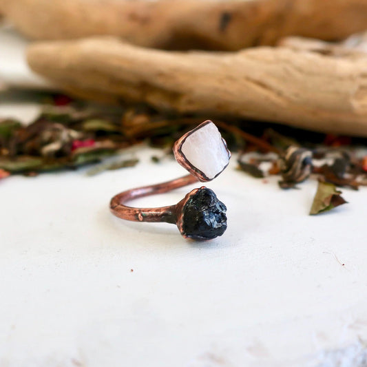 Raw Black Tourmaline and Raw Moonstone Twist Copper Ring Blackbird & Sage Jewelry