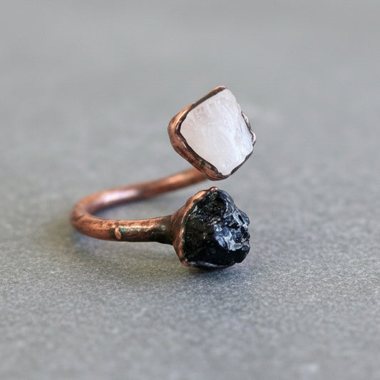 Raw Black Tourmaline and Raw Moonstone Twist Copper Ring Blackbird & Sage Jewelry