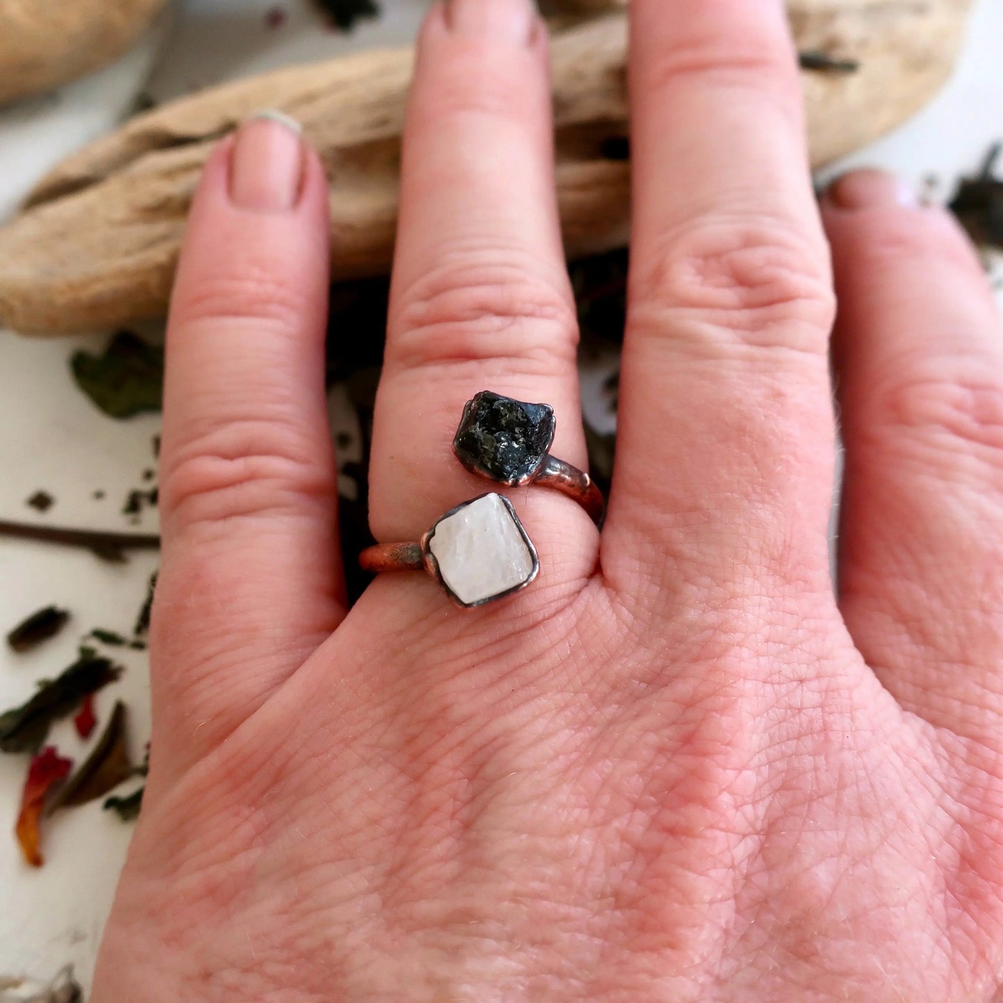 Raw Black Tourmaline and Raw Moonstone Twist Copper Ring Blackbird & Sage Jewelry
