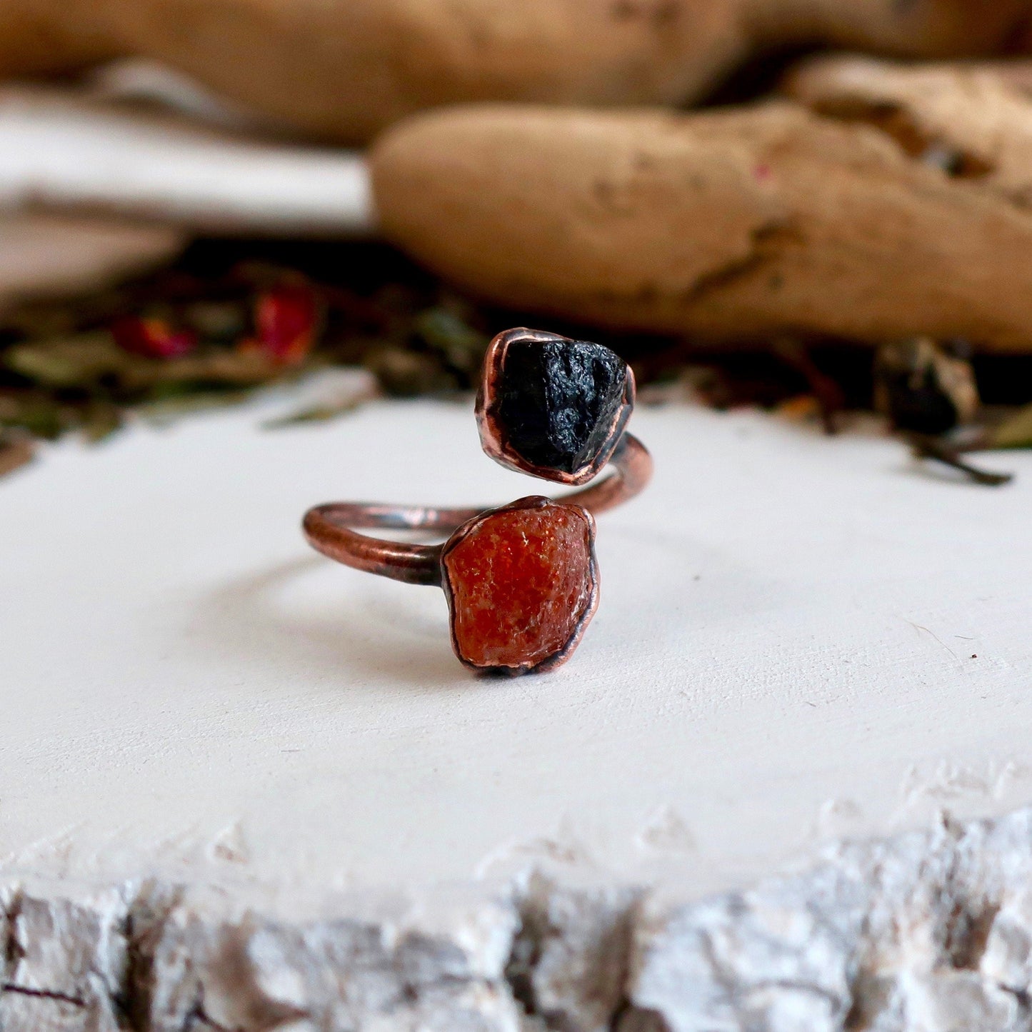 Raw Black Tourmaline and Raw Sunstone Open Copper Ring, Raw Stone Electroformed Open Ring, 2 Stone Jewelry, Valentines Gift Blackbird & Sage Jewelry