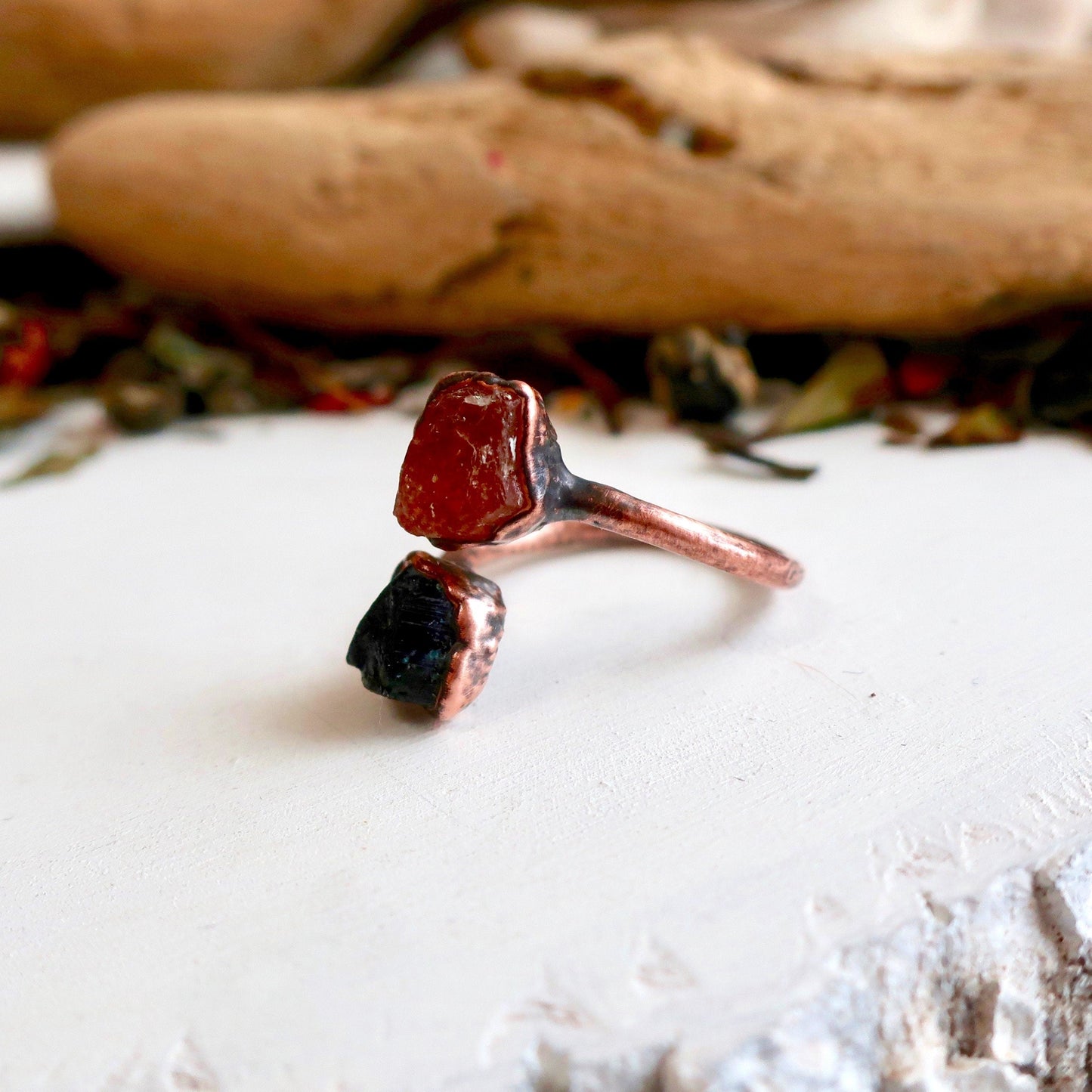 Raw Black Tourmaline and Raw Sunstone Open Copper Ring, Raw Stone Electroformed Open Ring, 2 Stone Jewelry, Valentines Gift Blackbird & Sage Jewelry