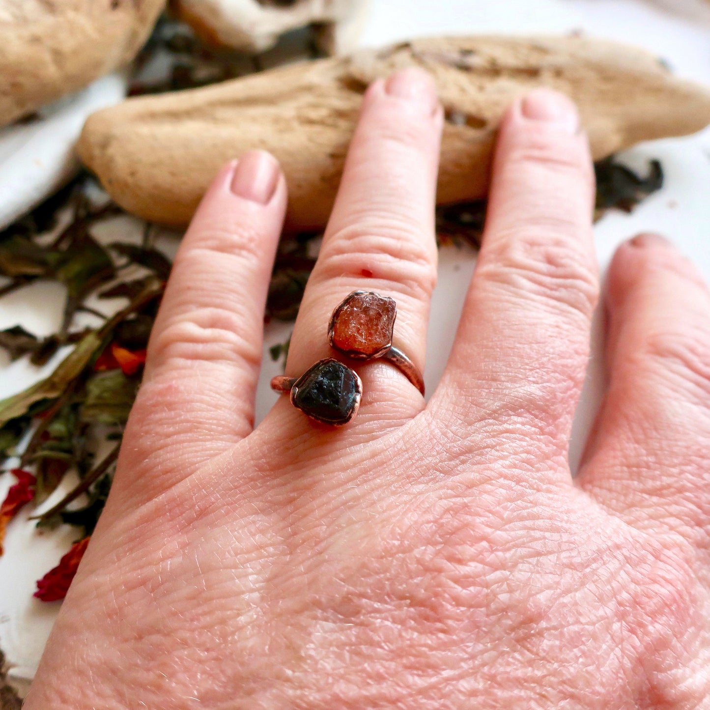 Raw Black Tourmaline and Raw Sunstone Open Copper Ring, Raw Stone Electroformed Open Ring, 2 Stone Jewelry, Valentines Gift Blackbird & Sage Jewelry