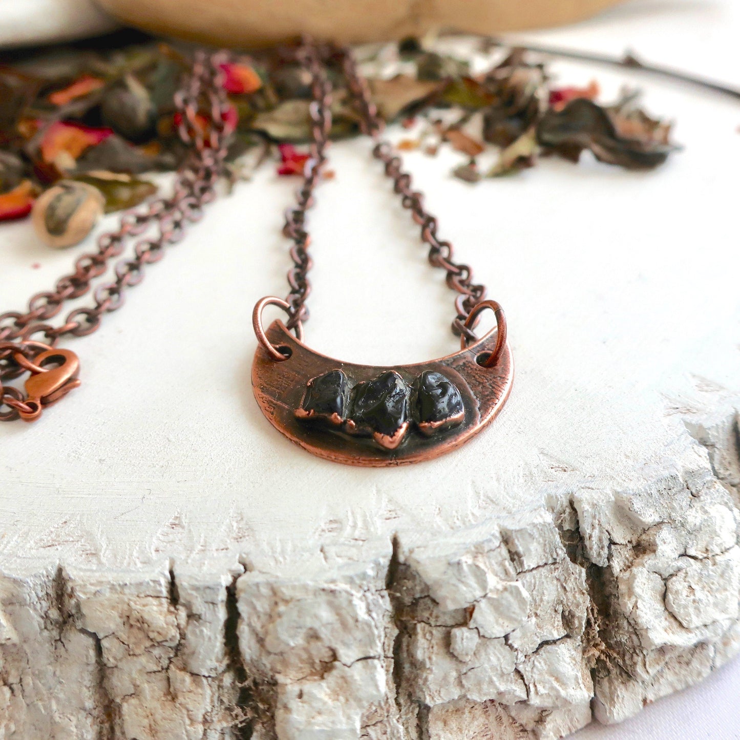 Black Tourmaline Crescent Moon Necklace, Black Tourmaline Copper Crystal Pendant, Electroformed Crystal Jewelry, Valentines Gift Blackbird & Sage Jewelry