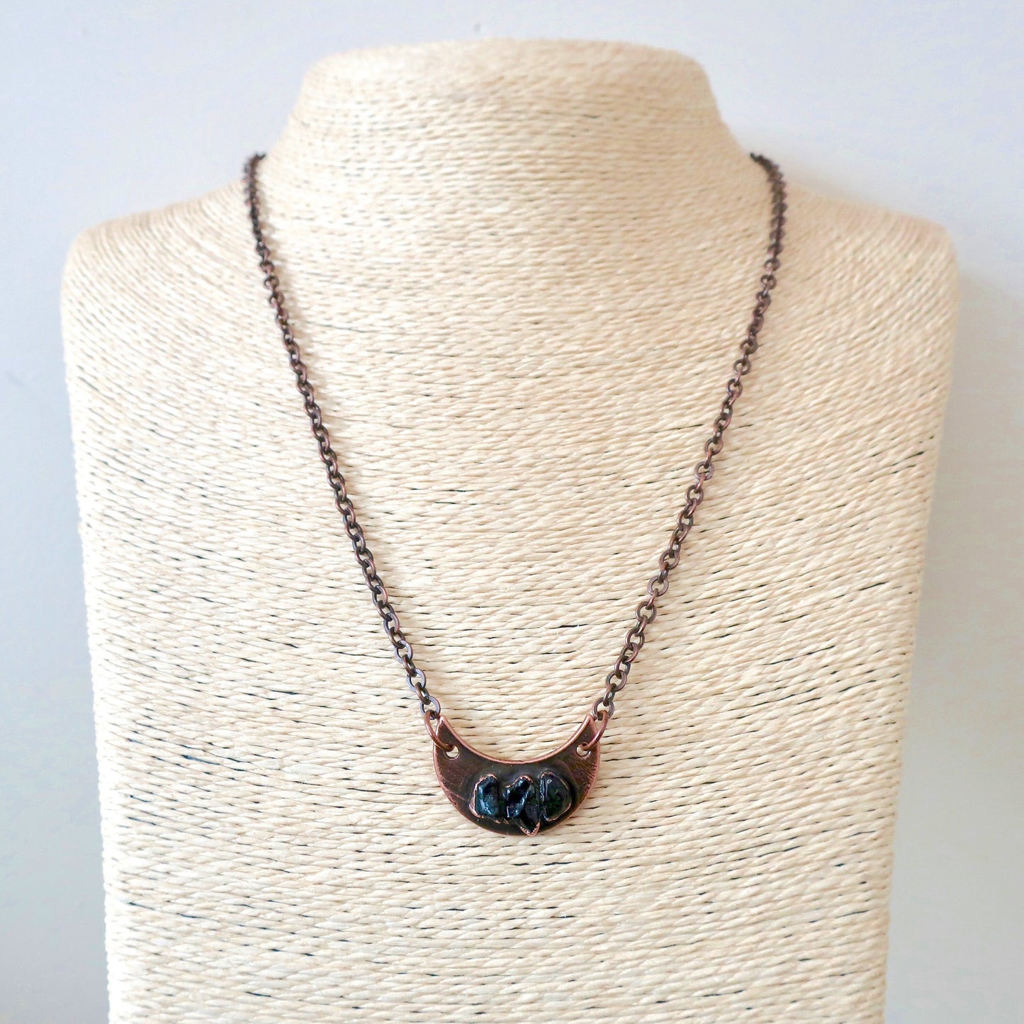 Black Tourmaline Crescent Moon Necklace, Black Tourmaline Copper Crystal Pendant, Electroformed Crystal Jewelry, Valentines Gift Blackbird & Sage Jewelry