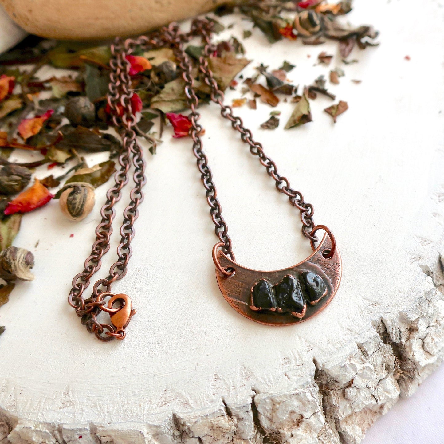 Black Tourmaline Crescent Moon Necklace, Black Tourmaline Copper Crystal Pendant, Electroformed Crystal Jewelry, Valentines Gift Blackbird & Sage Jewelry
