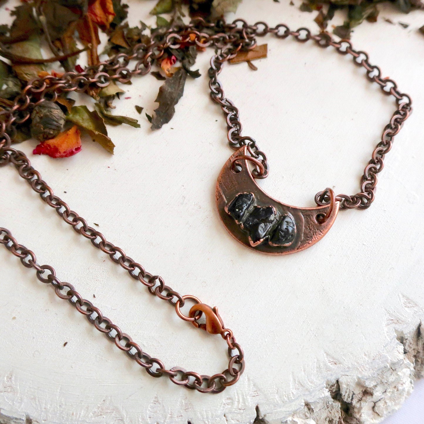 Black Tourmaline Crescent Moon Necklace, Black Tourmaline Copper Crystal Pendant, Electroformed Crystal Jewelry, Valentines Gift Blackbird & Sage Jewelry